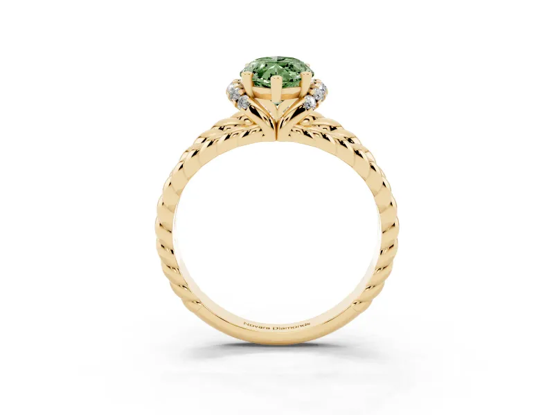 Fancy Green Marquise Cut Diamond Halo Ring Set in Yellow gold with Twisted Band and Prong Setting