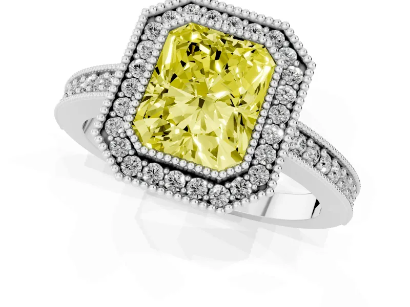Fancy Yellow Radiant Cut Diamond Halo Engagement Ring Set in Platinum with Pavé Band and Round Halo Stones