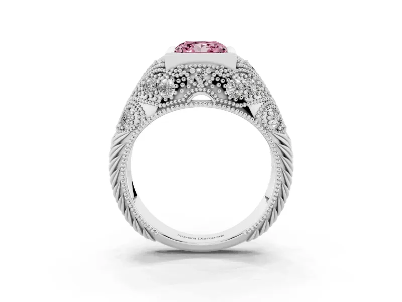 Fancy Pink Princess Cut Diamond Bezel Ring Set in White gold with Milgrain Accent Band