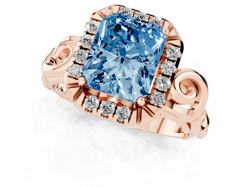 Fancy Blue Radiant Cut Diamond Halo Ring Set in Rose gold with Scrollwork Band and Prong Setting