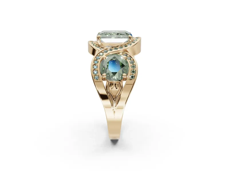 Radiant Cut Three Stone Halo Engagement Ring Setting for a Fancy Green Lab-Grown Diamond | Pavé Wave Band | Yellow Gold