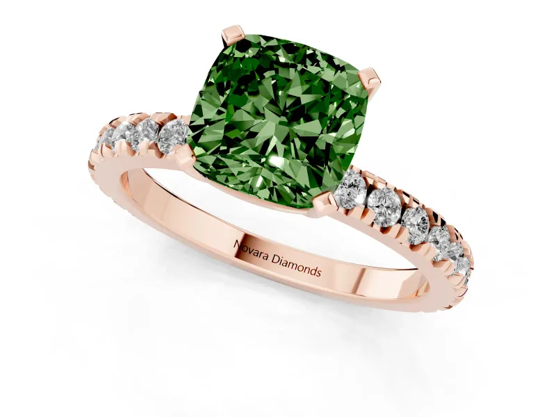 Fancy Green Cushion Cut Diamond Pavé Band Solitaire Set in Rose gold with Prong Setting