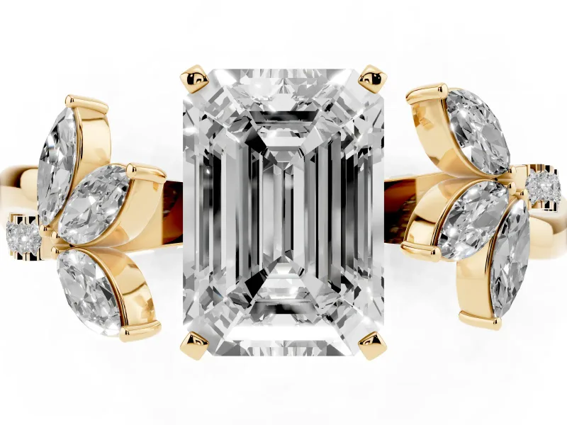 Emerald Cut Diamond Floral Vine Solitaire Engagement Ring Set in Yellow gold with Marquise Leaves