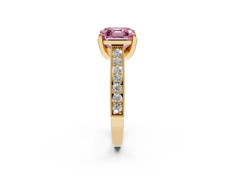 Asscher Cut Hidden Halo Engagement Ring Setting for a Fancy Pink Lab-Grown Diamond | Milgrain Pave | Yellow Gold