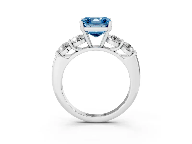 Asscher Cut Five Stone Engagement Ring Setting for a Fancy Blue Lab-Grown Diamond | Prong Set Side Stones | Platinum