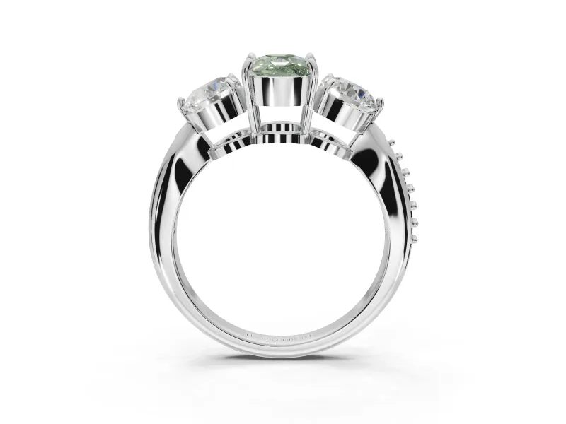 Cushion Cut Three Stone Engagement Ring Setting for a Fancy Green Lab-Grown Diamond | Tapered Pave Band | Platinum