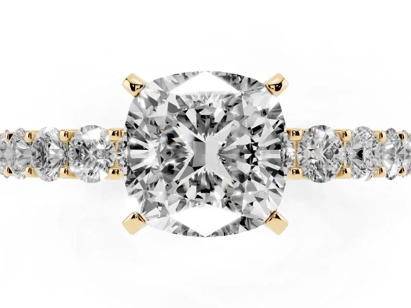 Cushion Cut Shared Prong Engagement Ring Setting | Two-Row Band | Yellow Gold