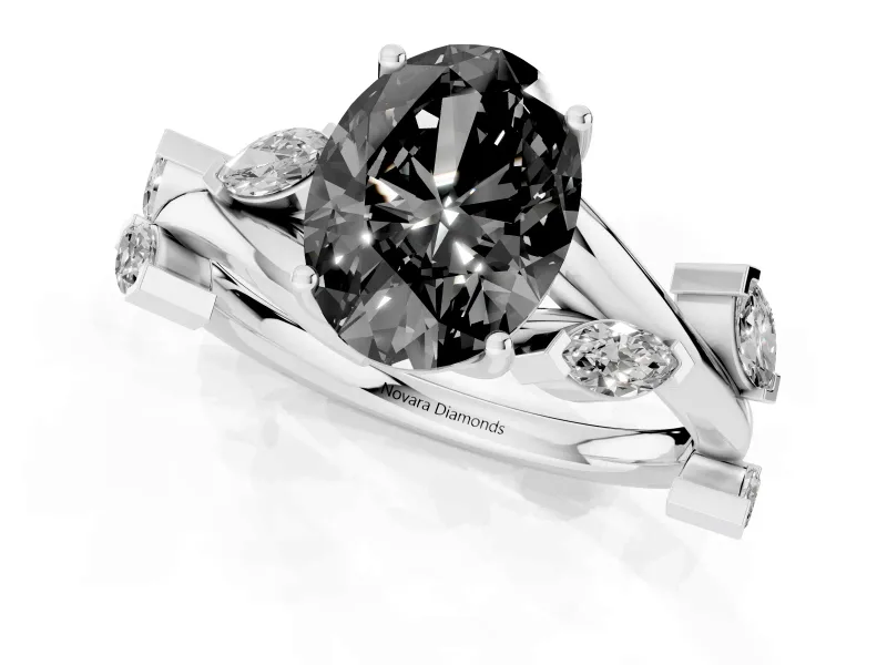 Fancy Black Oval Cut Diamond Solitaire Ring Set in Silver with Twisted Marquise Accent Band
