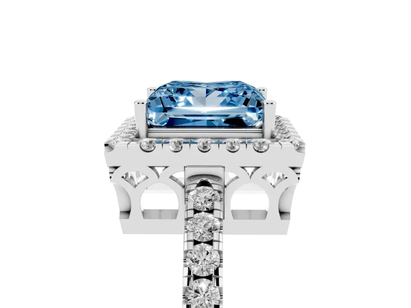 Fancy Blue Princess Cut Diamond Pavé Band Halo Engagement Ring Set in Platinum with Prong Setting