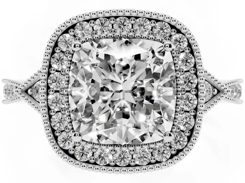 Cushion Cut Vintage Milgrain Halo Engagement Ring Setting | Graduated Pavé Band | Sterling Silver