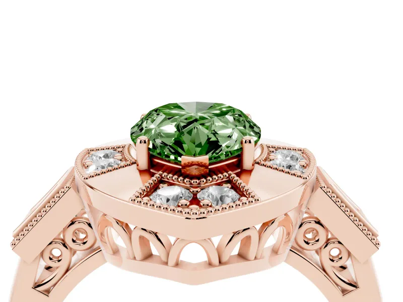Fancy Green Pear Cut Diamond Milgrain Halo Ring Set in Rose gold with Split Shank