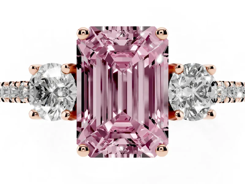 Emerald Cut Three Stone Engagement Ring Setting for a Fancy Pink Lab-Grown Diamond | Pave Shoulders | Rose Gold