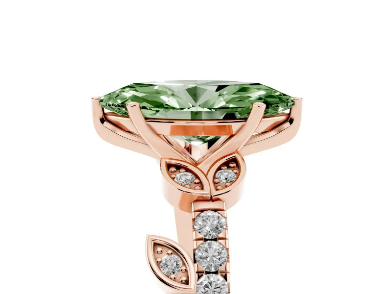 Fancy Green Marquise Cut Diamond Solitaire Leaf-Inspired Ring Set in Rose gold with Pavé Band and Prong Setting