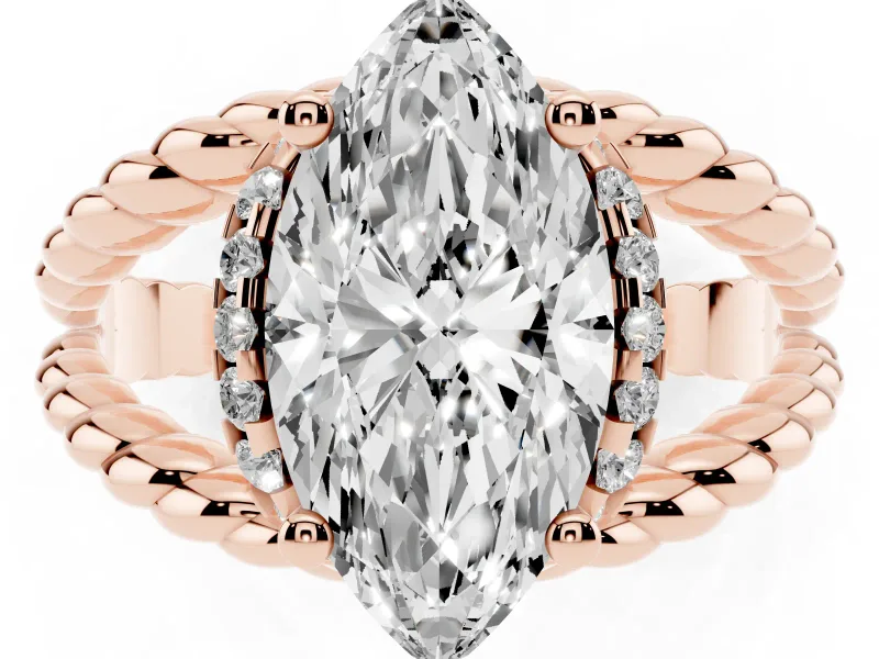 Marquise Cut Diamond Halo Ring Set in Rose gold with Twisted Band and Prong Setting