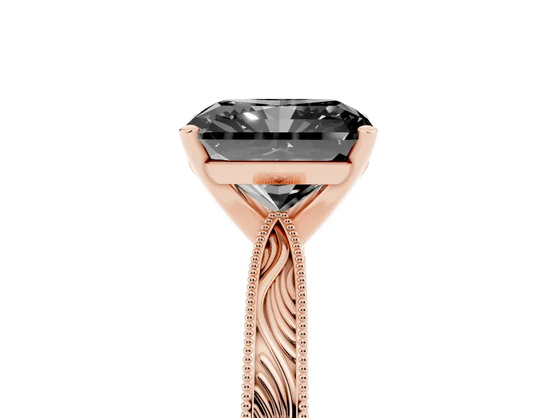 Fancy Black Radiant Cut Diamond Solitaire Milgrain Engraved Band Set in Rose gold with Prong Setting