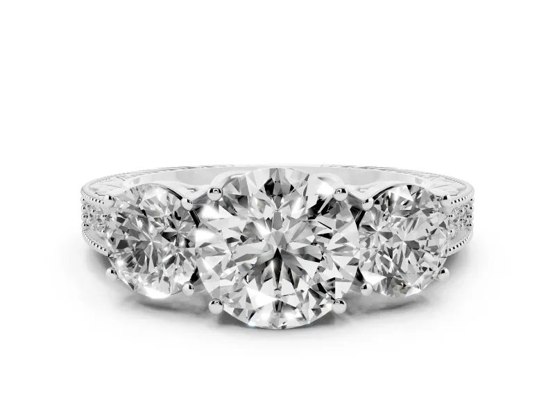 Round Cut Diamond Three-Stone Engagement Ring Set in White gold with Milgrain Pavé Band