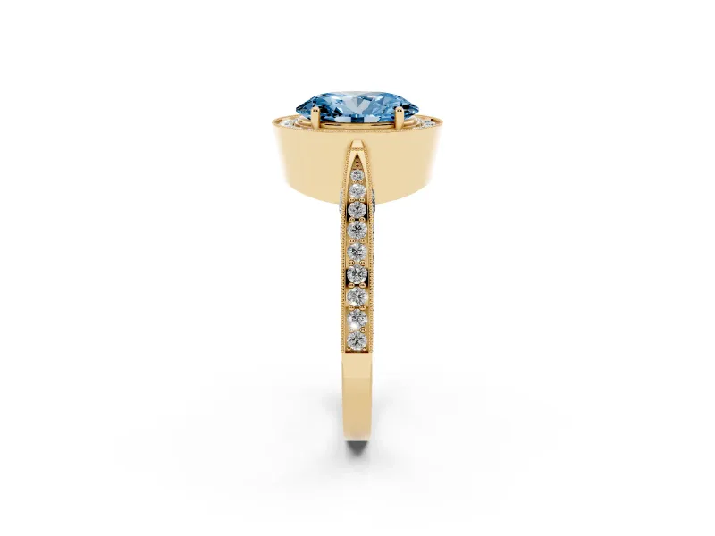 Oval Milgrain Halo Engagement Ring Setting for a Fancy Blue Lab-Grown Diamond | Side Stones | Yellow Gold