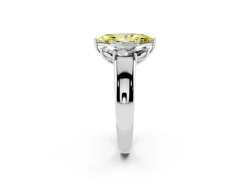 Fancy Yellow Three-Stone Marquise Cut Diamond Ring Set in Platinum with Matching Prong Settings and Plain Band