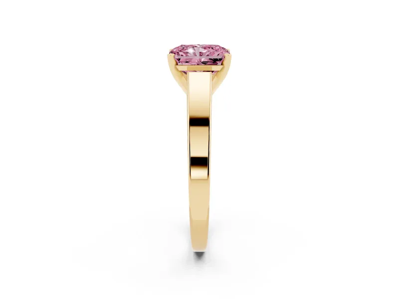Fancy Pink Radiant Cut Diamond Solitaire Engagement Ring Set in Yellow gold with Prong Setting and Tapered Band