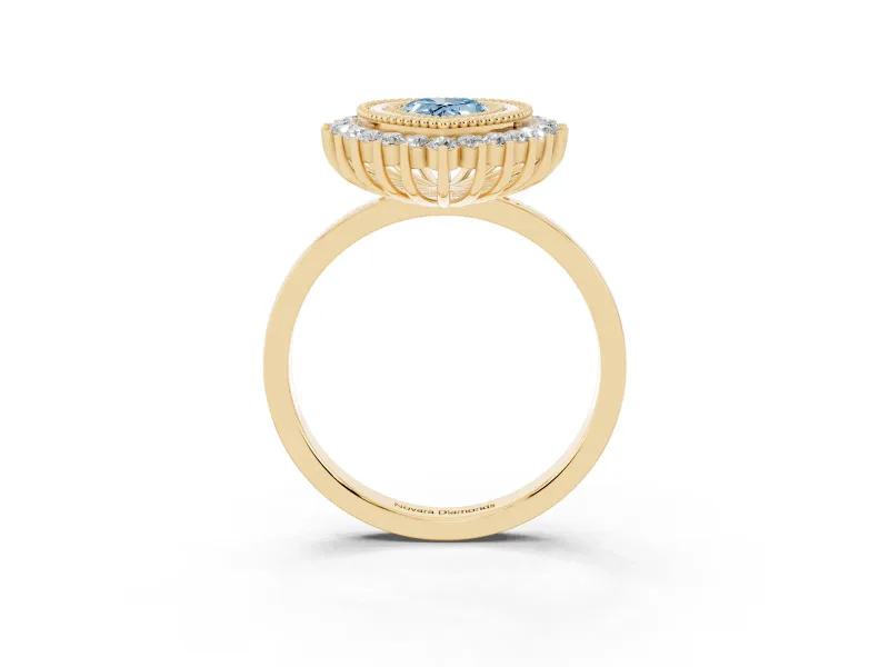 Fancy Blue Pear Cut Diamond Halo Ring Set in Yellow gold with Milgrain Edge and Round Prong Setting