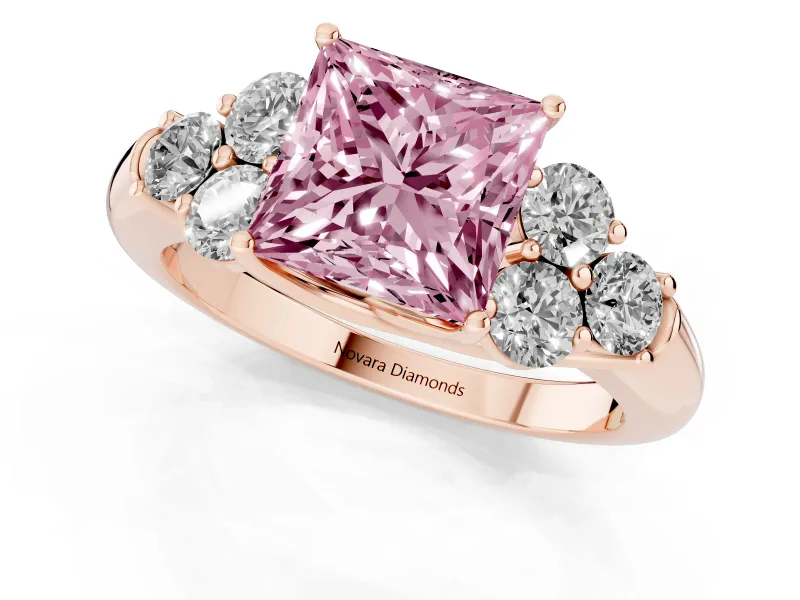 Fancy Pink Princess Cut Diamond Cluster Ring Set in Rose gold with Round Accent Stones and Prong Setting on a Plain Band