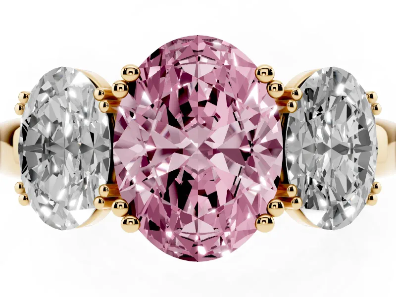 Fancy Pink Oval Cut Diamond Three-Stone Ring Set in Yellow gold with Polished Band and Prong Setting