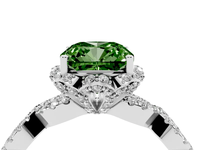 Fancy Green Cushion Cut Diamond Halo Twist Band Solitaire Ring Set in Silver with Prong-Set Center Stone