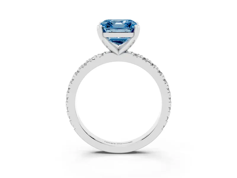 Fancy Blue Asscher Cut Diamond Pavé Band Solitaire Set in Silver with Prong Setting