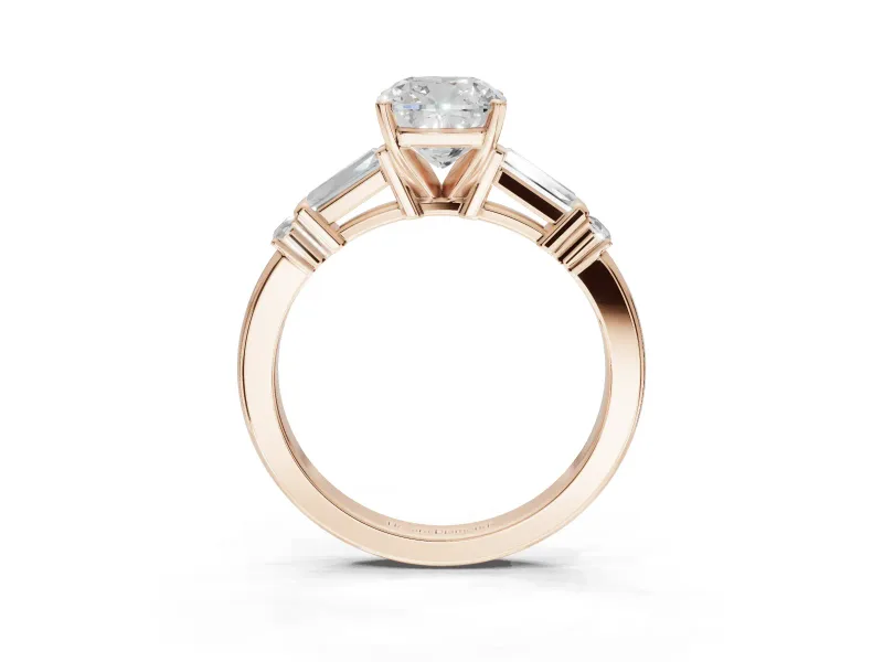 Cushion Cut Tapered Baguette Engagement Ring Setting | Bar Set Sides | Rose Gold