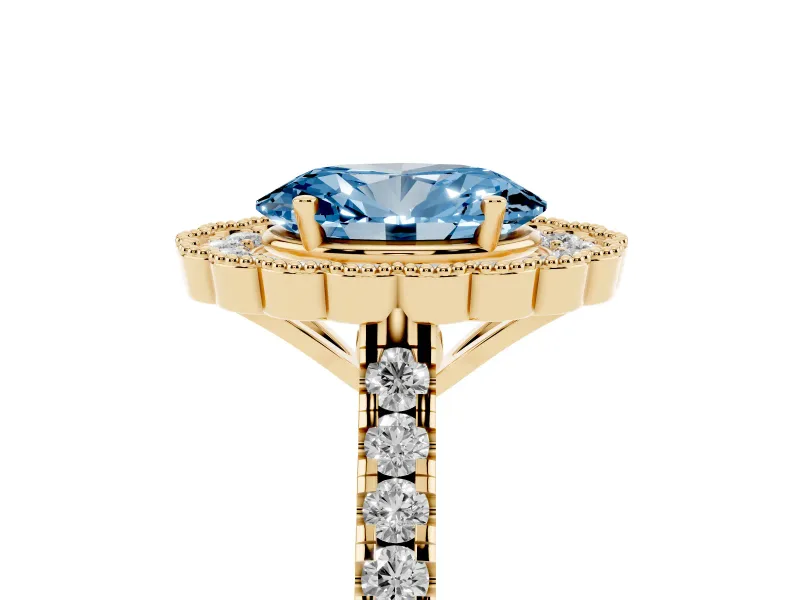 Fancy Blue Oval Cut Diamond Milgrain Floral Halo Engagement Ring Set in Yellow gold with Pavé Band