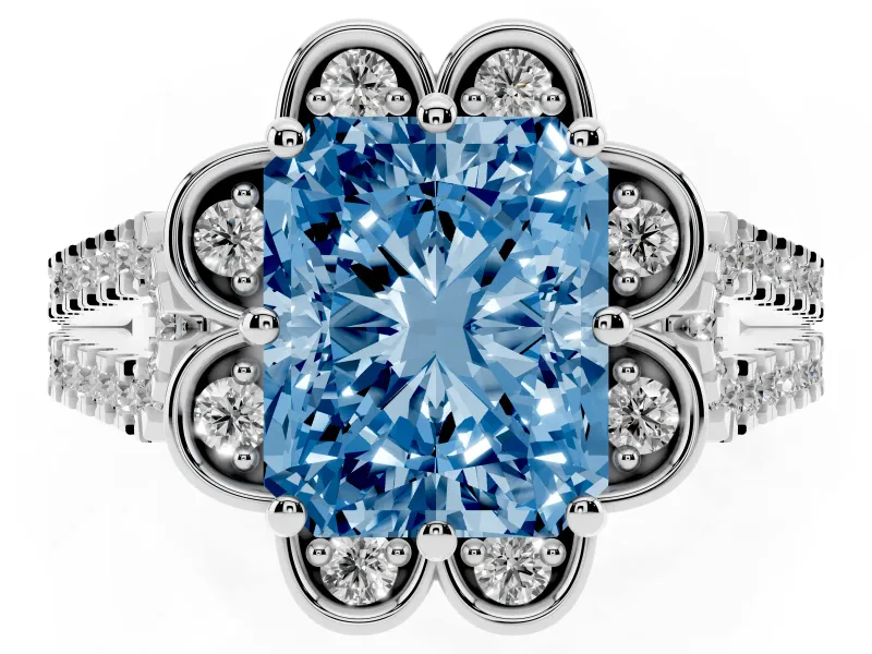 Radiant Cut Floral Halo Engagement Ring Setting for a Fancy Blue Lab-Grown Diamond | Pavé Split Shank | White Gold