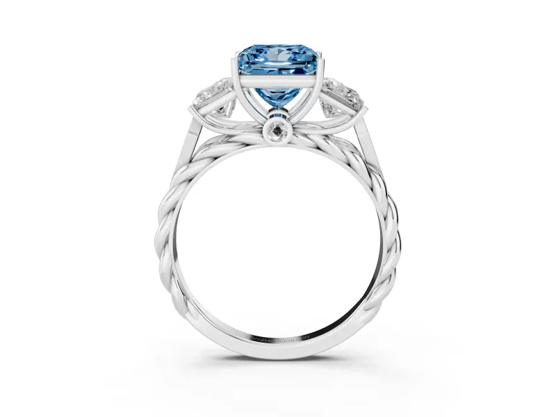 Princess Cut Three Stone Engagement Ring Setting for a Fancy Blue Lab-Grown Diamond | Braided Band | Platinum