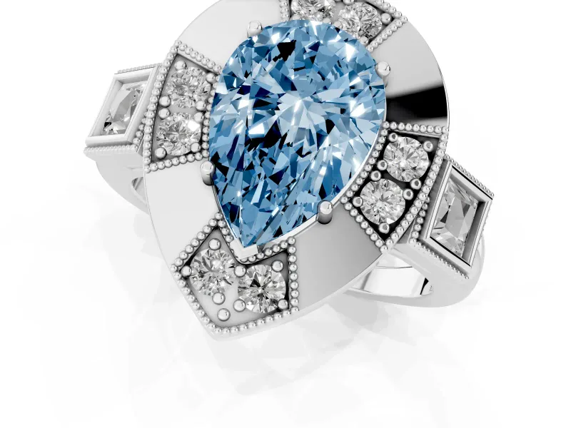 Fancy Blue Pear Cut Diamond Milgrain Halo Ring Set in White gold with Split Shank