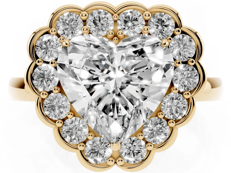 Heart-Shaped Scalloped Cluster Halo Engagement Ring Setting | Plain Band | Yellow Gold