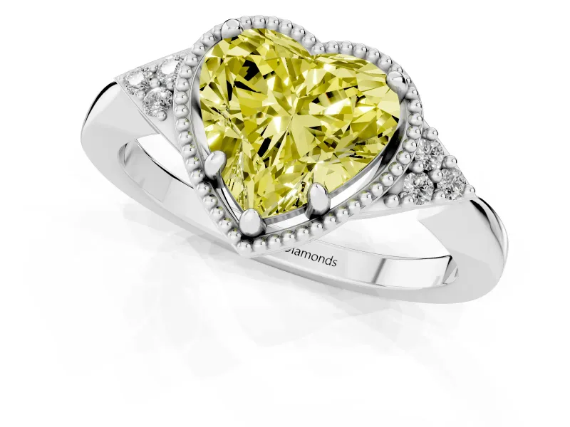 Fancy Yellow Heart Cut Diamond Milgrain Solitaire Ring Set in Silver with Tapered Pavé Band and Prong Setting
