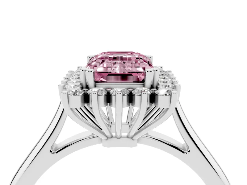 Fancy Pink Emerald Cut Diamond Halo Ring Set in Silver with Plain Solitaire Band and Prong Setting