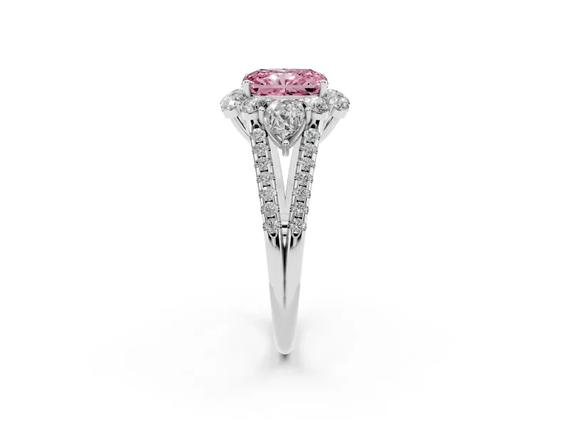 Radiant Cut Scalloped Halo Engagement Ring Setting for a Fancy Pink Lab-Grown Diamond | Pear Side Stones | White Gold