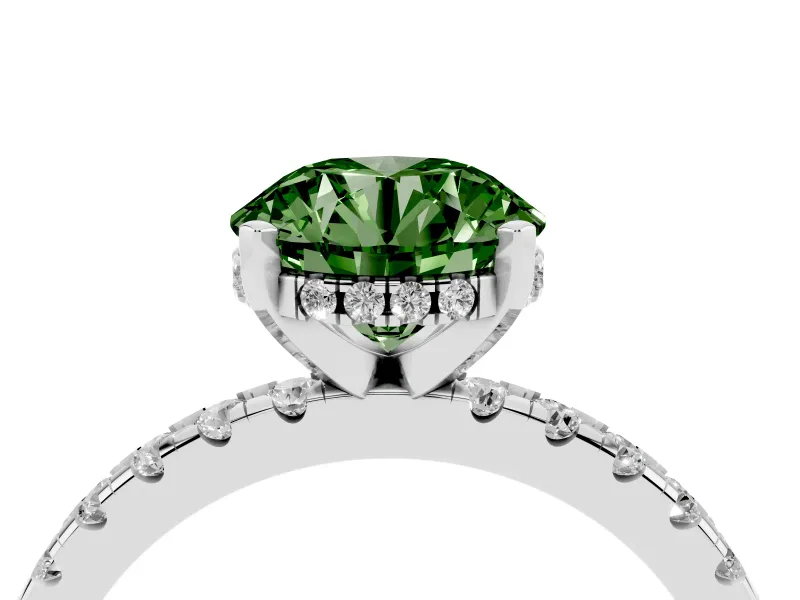 Round Hidden Halo Solitaire Engagement Ring Setting for a Fancy Green Lab-Grown Diamond | Pave Band | Platinum