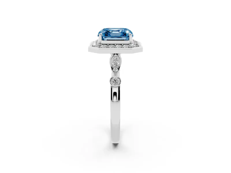 Asscher Cut Vintage Halo Engagement Ring Setting for a Fancy Blue Lab-Grown Diamond | Bezel Station Shoulders | Platinum