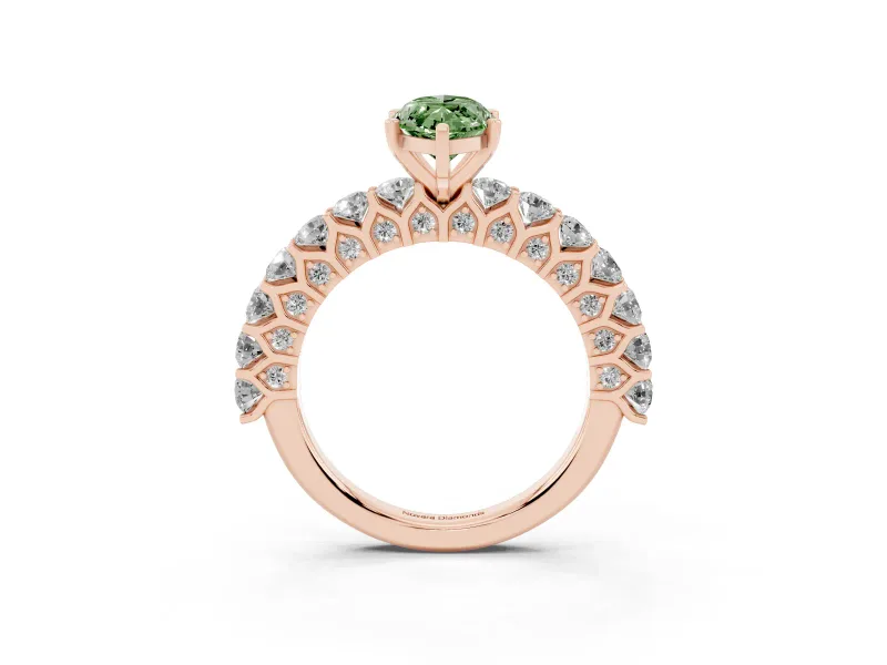Fancy Green Marquise Cut Diamond Solitaire Ring Set in Rose gold with Shared Prong Pavé Band