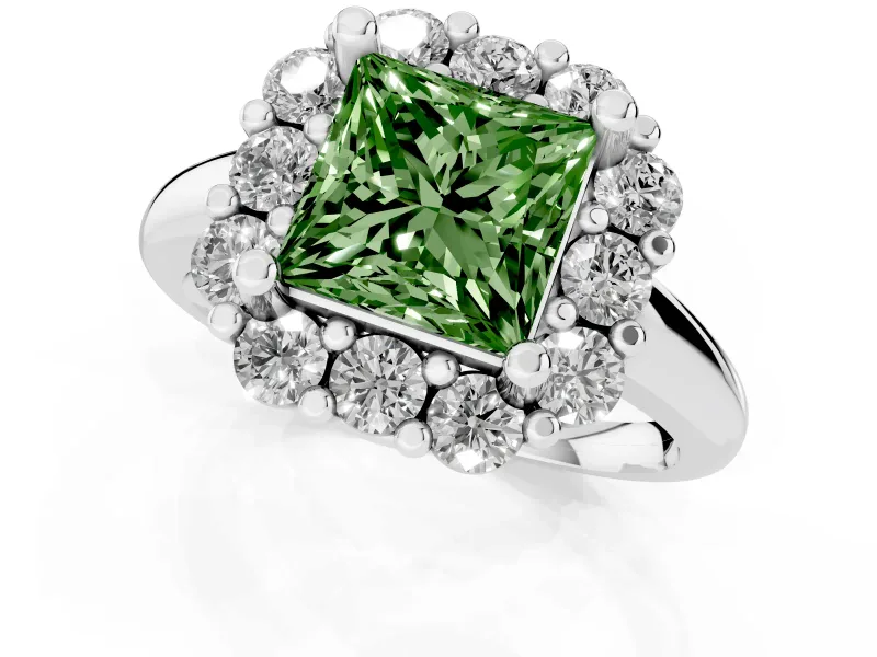 Princess Cut Cluster Halo Engagement Ring Setting for a Fancy Green Lab-Grown Diamond | Large Round Accents | White Gold