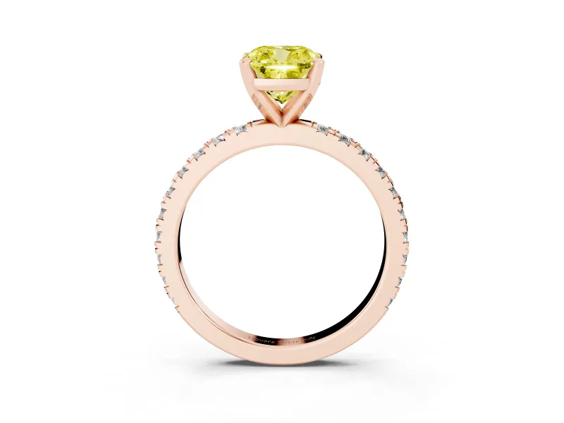 Fancy Yellow Cushion Cut Diamond Pavé Band Solitaire Set in Rose gold with Prong Setting