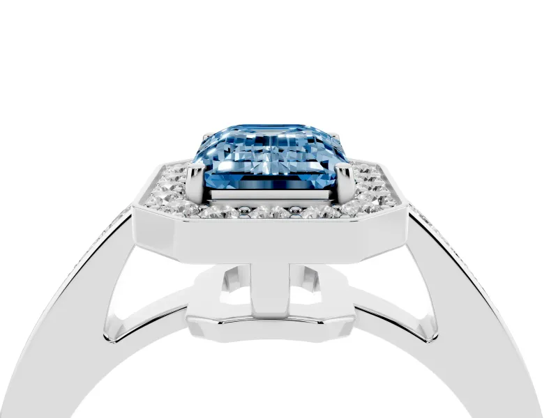 Fancy Blue Emerald Cut Diamond Halo Pavé Engagement Ring Set in Silver with Bezel Setting