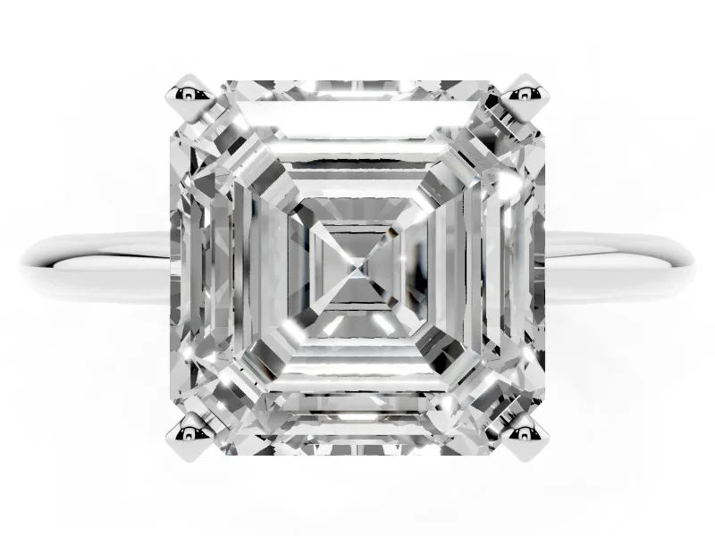 Asscher Cut Diamond Solitaire Ring Set in Silver with Prong Setting on a Plain Round Band