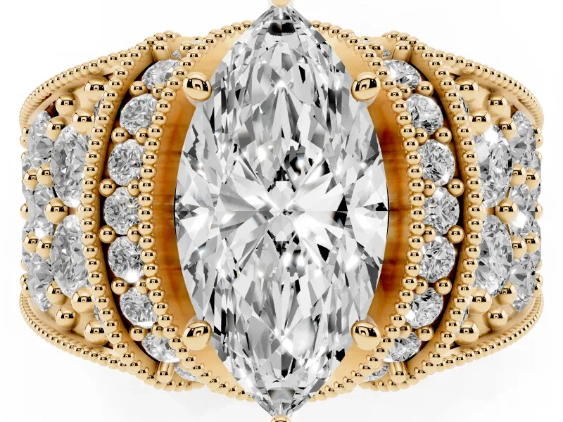 Marquise Vintage Milgrain Pave Engagement Ring Setting | Crescent Side Rows | Yellow Gold