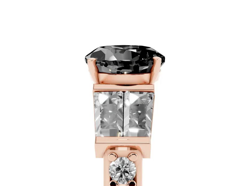 Fancy Black Round Cut Diamond Engagement Ring Set in Rose gold with Baguette Side Stones and Channel Set Band