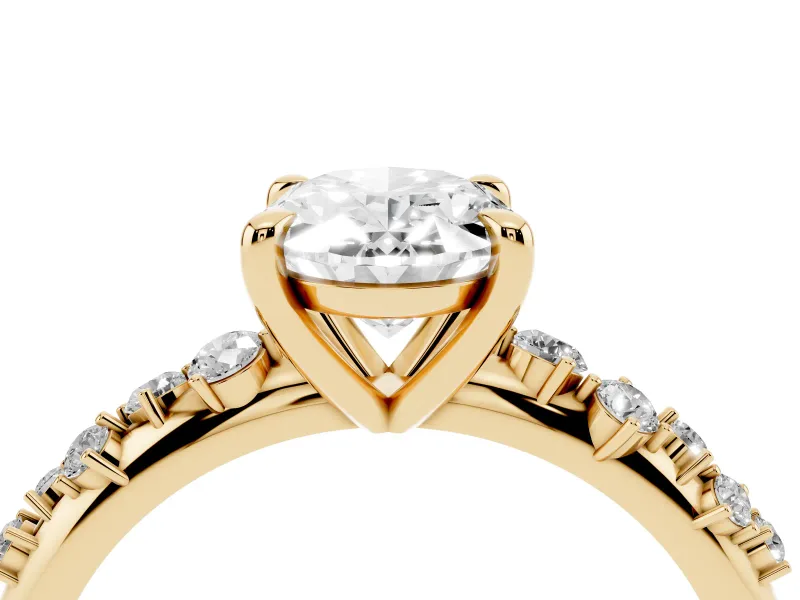Oval Cut Diamond Solitaire Vine Band Ring Set in Yellow gold with Round Accents and Prong Setting