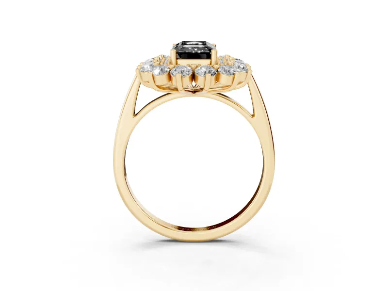 Emerald Cut Floral Double Halo Engagement Ring Setting for a Black Center | Plain Band | Yellow Gold