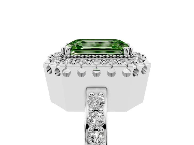Emerald Cut Milgrain Halo Engagement Ring Setting for a Fancy Green Lab-Grown Diamond | Pavé Shoulders | White Gold
