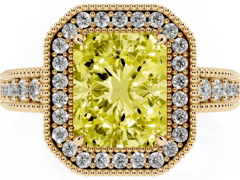 Fancy Yellow Radiant Cut Diamond Halo Ring Set in Yellow gold with Round Accent Halo, Pavé Band and Prong Setting